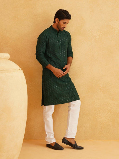 Green Men’s Ethnic Motifs Embroidered Kurta – Mandarin Collar, Sequined Detail, Pure Cotton | Indiaista