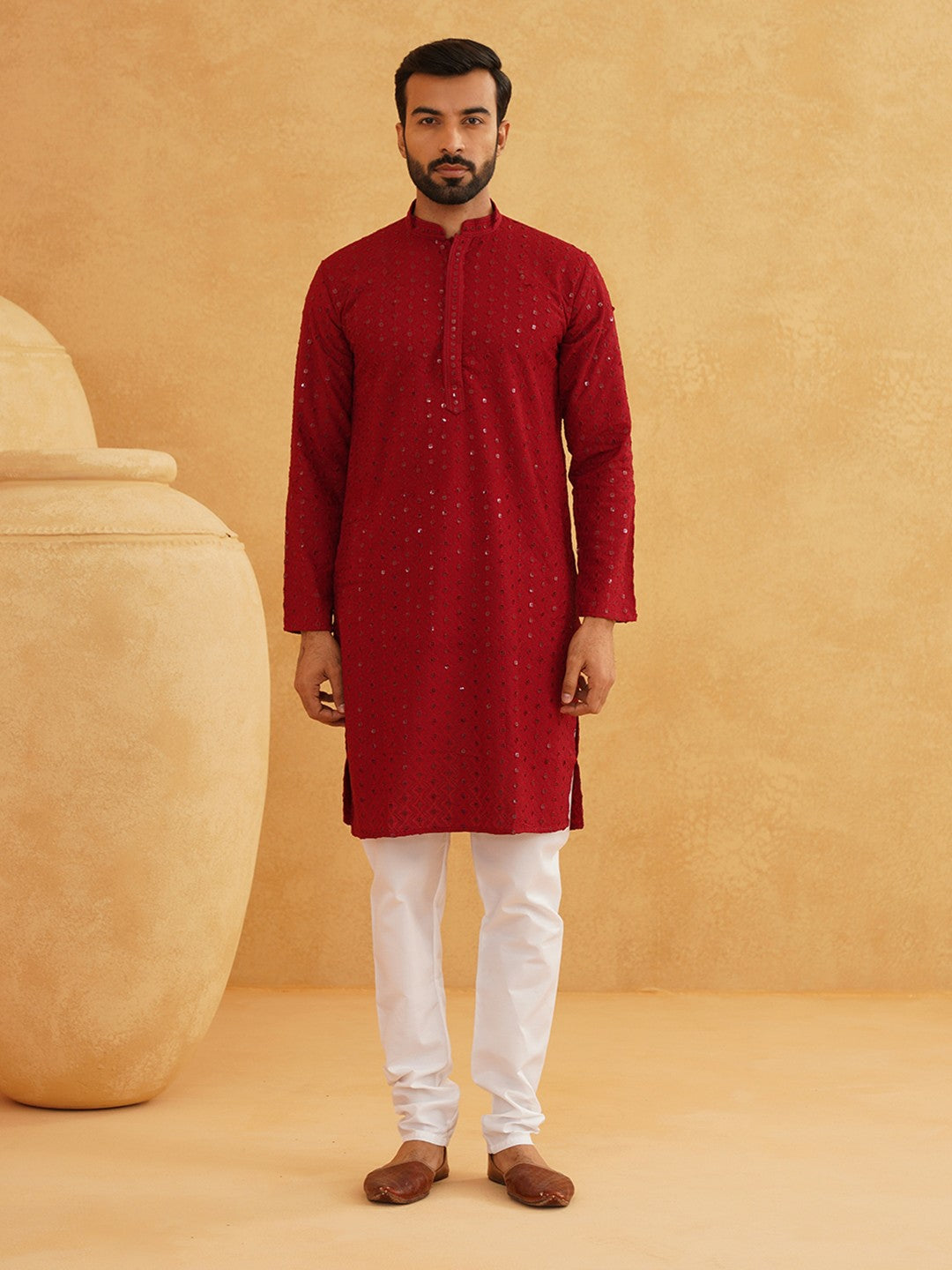 Men's Maroon Ethnic Kurta with Embroidered Motifs & Sequins – Mandarin Collar, Cotton | Indiaista