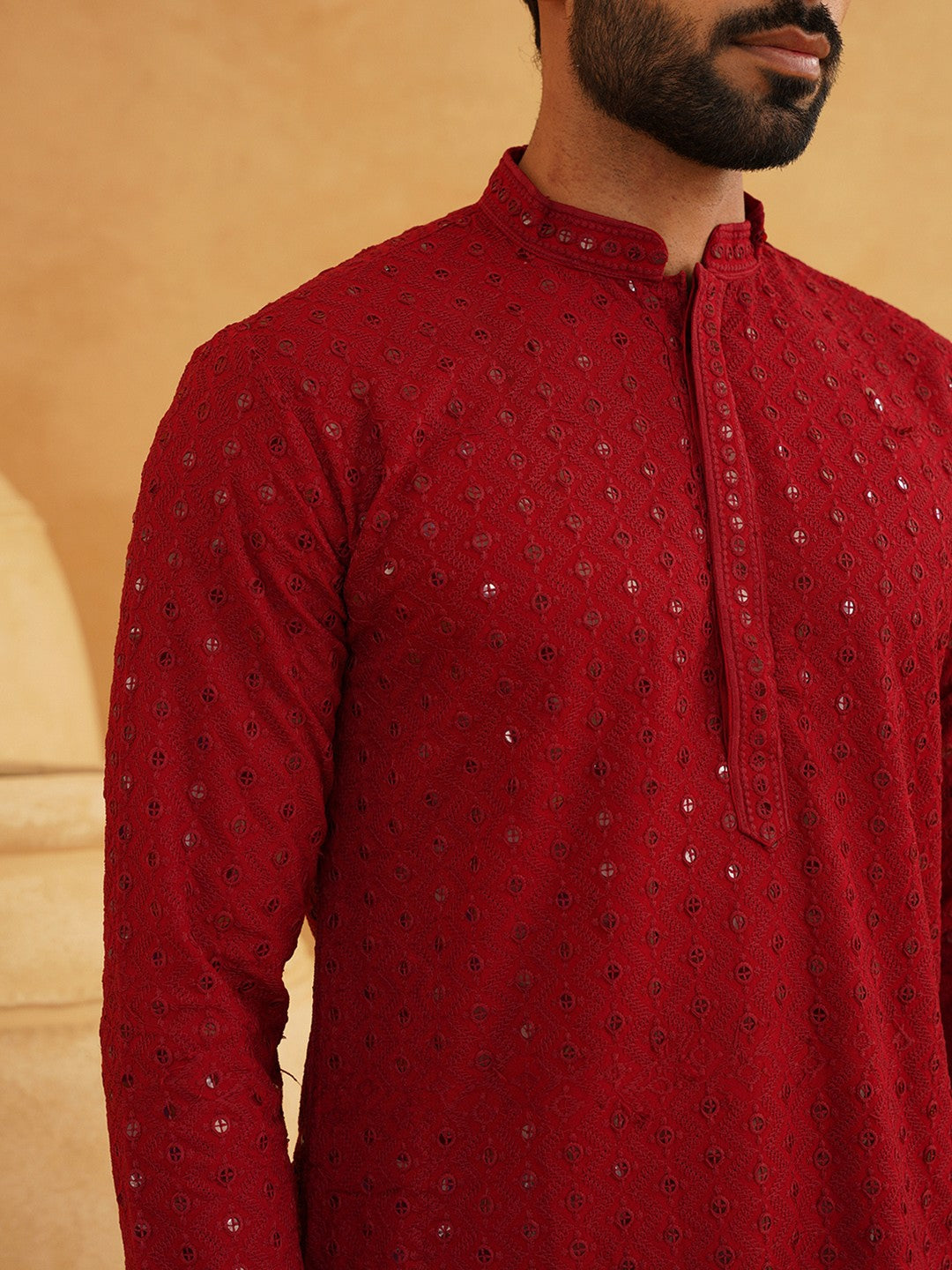 Men's Maroon Ethnic Kurta with Embroidered Motifs & Sequins – Mandarin Collar, Cotton | Indiaista