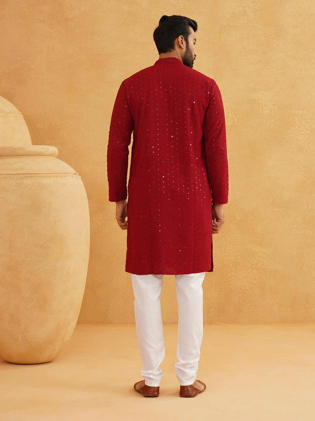 Men's Maroon Ethnic Kurta with Embroidered Motifs & Sequins – Mandarin Collar, Cotton | Indiaista