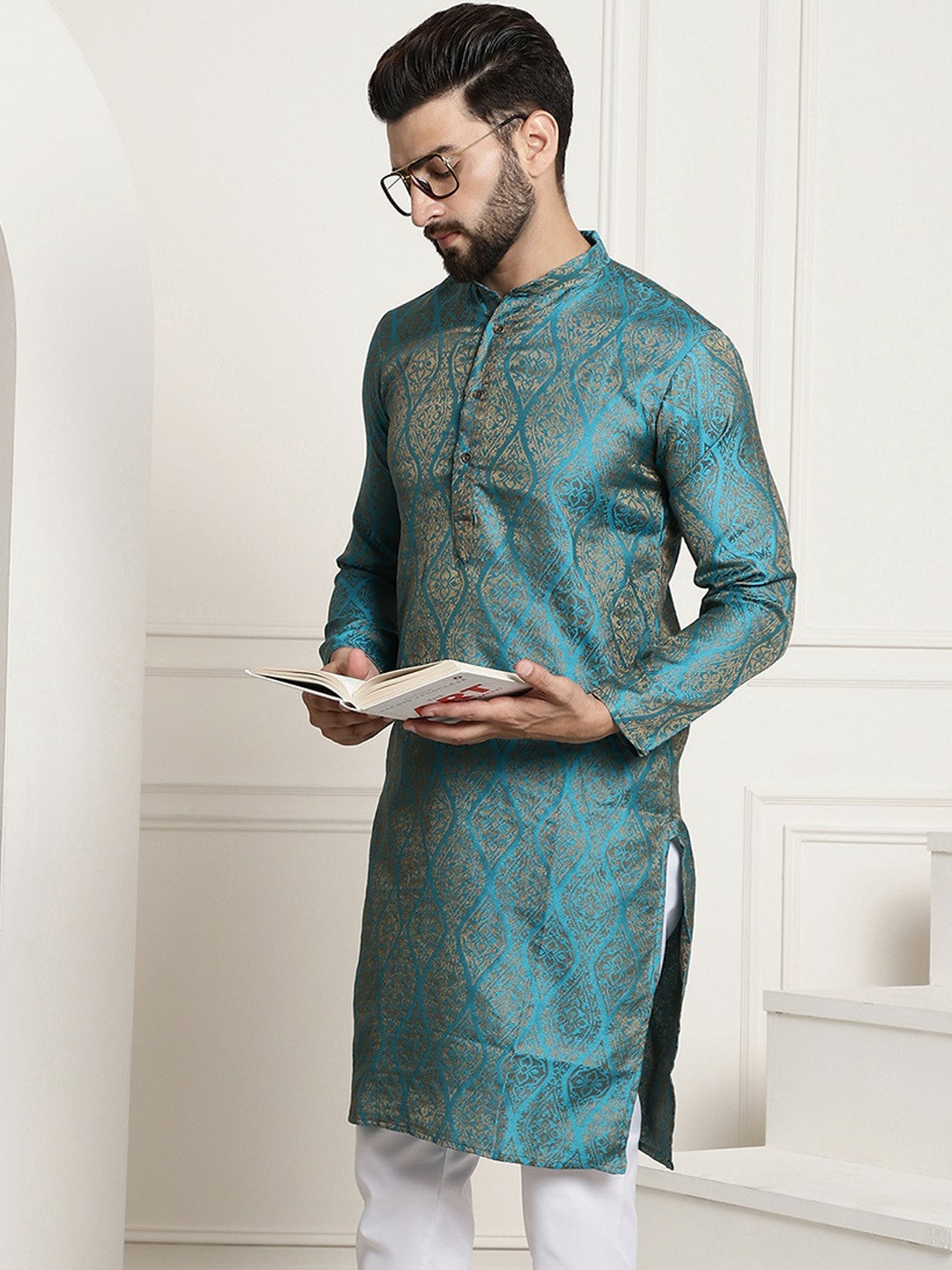 Men’s Teal Blue & Golden Jacquard Silk Kurta – Ethnic Motifs, Mandarin Collar, Knee Length | Indiaista