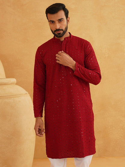 Men's Maroon Ethnic Kurta with Embroidered Motifs & Sequins – Mandarin Collar, Cotton | Indiaista