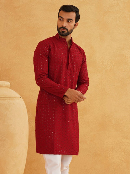 Men's Maroon Ethnic Kurta with Embroidered Motifs & Sequins – Mandarin Collar, Cotton | Indiaista