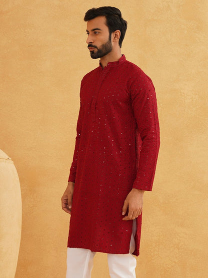 Men's Maroon Ethnic Kurta with Embroidered Motifs & Sequins – Mandarin Collar, Cotton | Indiaista