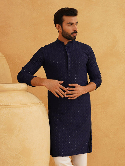 Men’s Navy Blue Self-Design Thread Work Kurta – Mandarin Collar, Cotton, Knee Length | Indiaista