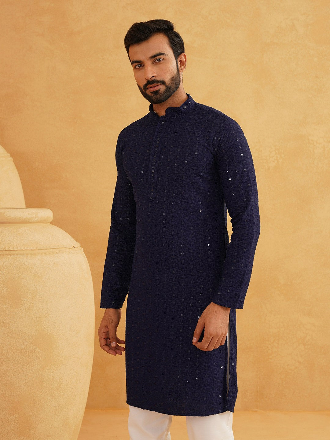 Men’s Navy Blue Self-Design Thread Work Kurta – Mandarin Collar, Cotton, Knee Length | Indiaista