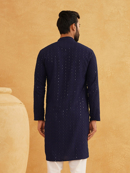 Men’s Navy Blue Self-Design Thread Work Kurta – Mandarin Collar, Cotton, Knee Length | Indiaista