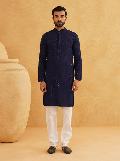 Men’s Navy Blue Self-Design Thread Work Kurta – Mandarin Collar, Cotton, Knee Length | Indiaista