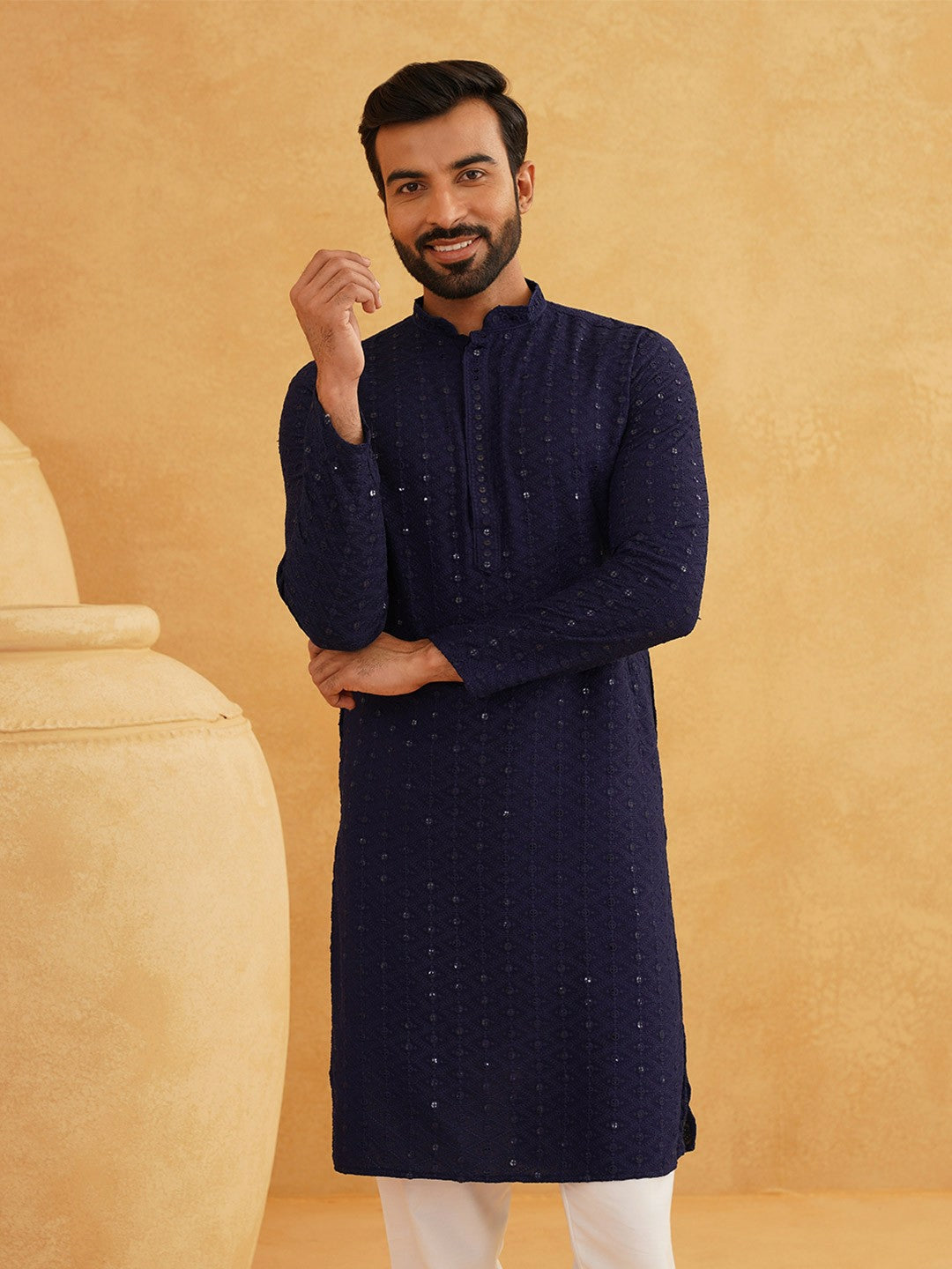 Men’s Navy Blue Self-Design Thread Work Kurta – Mandarin Collar, Cotton, Knee Length | Indiaista