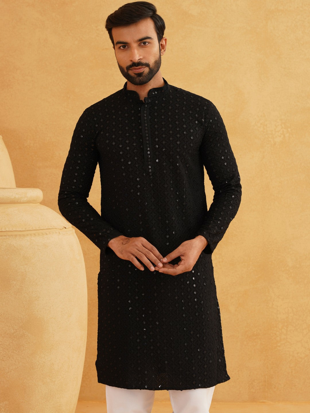 Men’s Black Self-Design Thread Work Mandarin Collar Kurta – Regular Cotton, Above Knee, Solid Color