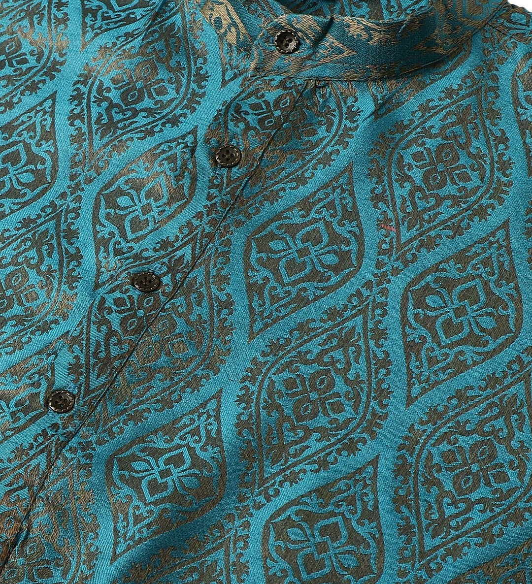 Men’s Teal Blue & Golden Jacquard Silk Kurta – Ethnic Motifs, Mandarin Collar, Knee Length | Indiaista