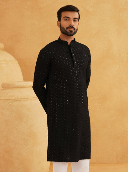 Men’s Black Self-Design Thread Work Mandarin Collar Kurta – Regular Cotton, Above Knee, Solid Color