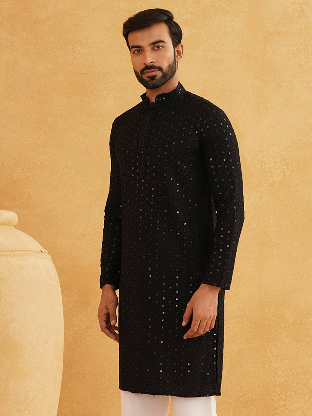 Men’s Black Self-Design Thread Work Mandarin Collar Kurta – Regular Cotton, Above Knee, Solid Color