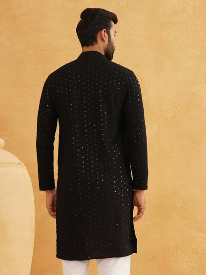 Men’s Black Self-Design Thread Work Mandarin Collar Kurta – Regular Cotton, Above Knee, Solid Color