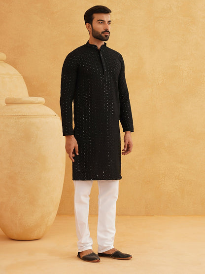 Men’s Black Self-Design Thread Work Mandarin Collar Kurta – Regular Cotton, Above Knee, Solid Color