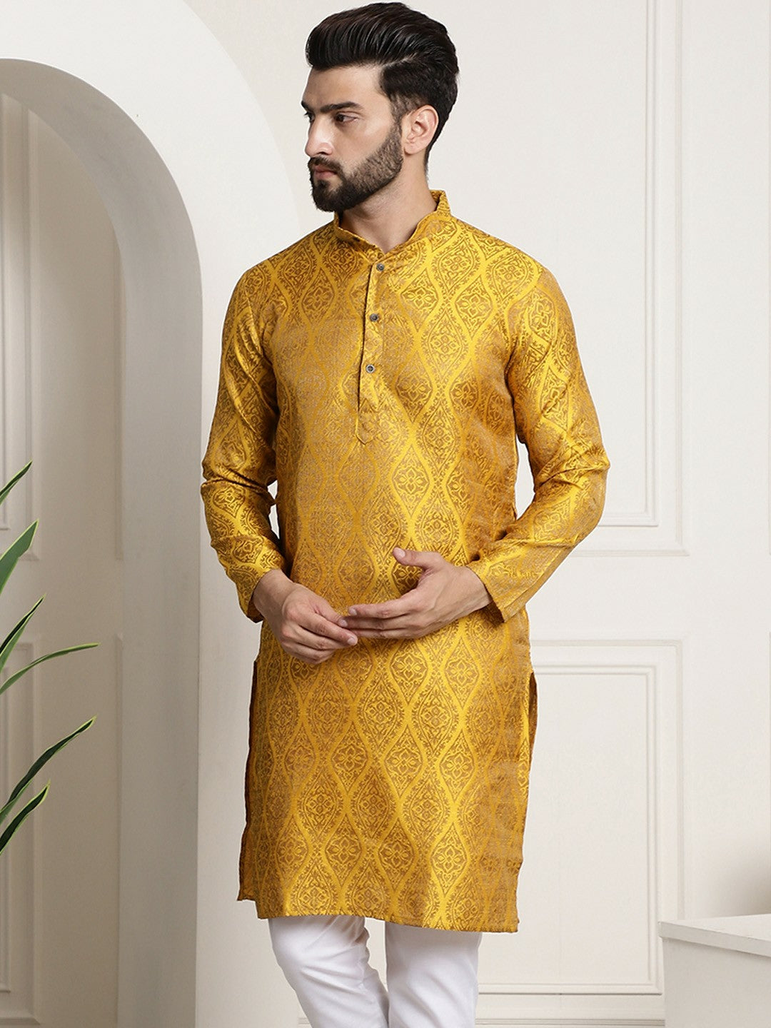 Men's Mustard Yellow & Golden Jacquard Silk Kurta with Ethnic Motifs – Mandarin Collar, Knee-Length | Indiaista