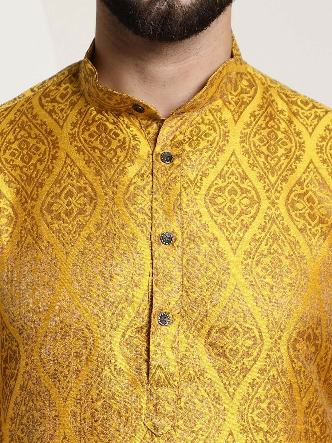 Men's Mustard Yellow & Golden Jacquard Silk Kurta with Ethnic Motifs – Mandarin Collar, Knee-Length | Indiaista