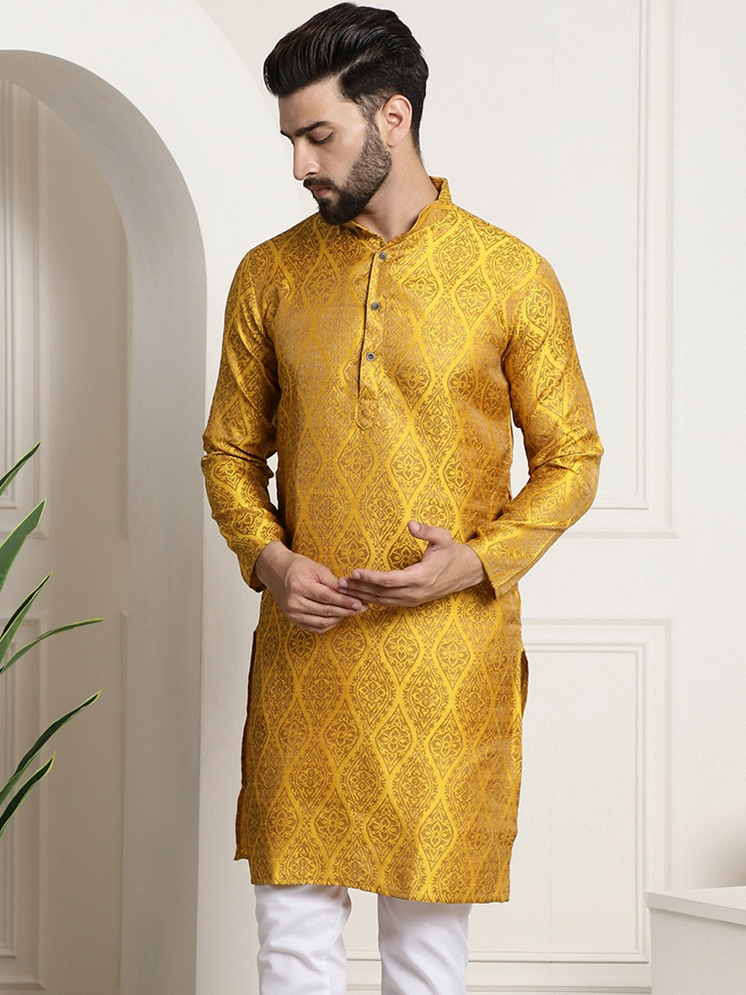 Men's Mustard Yellow & Golden Jacquard Silk Kurta with Ethnic Motifs – Mandarin Collar, Knee-Length | Indiaista