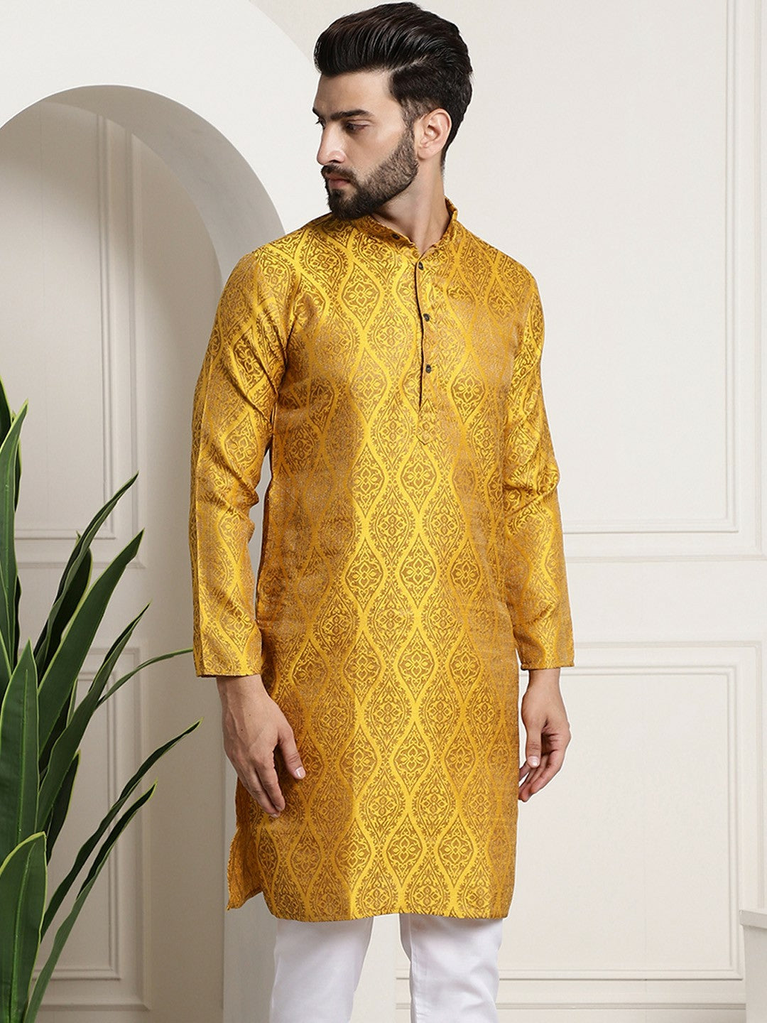 Men's Mustard Yellow & Golden Jacquard Silk Kurta with Ethnic Motifs – Mandarin Collar, Knee-Length | Indiaista