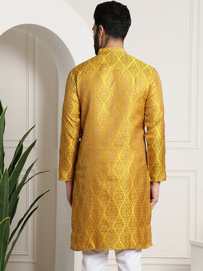 Men's Mustard Yellow & Golden Jacquard Silk Kurta with Ethnic Motifs – Mandarin Collar, Knee-Length | Indiaista