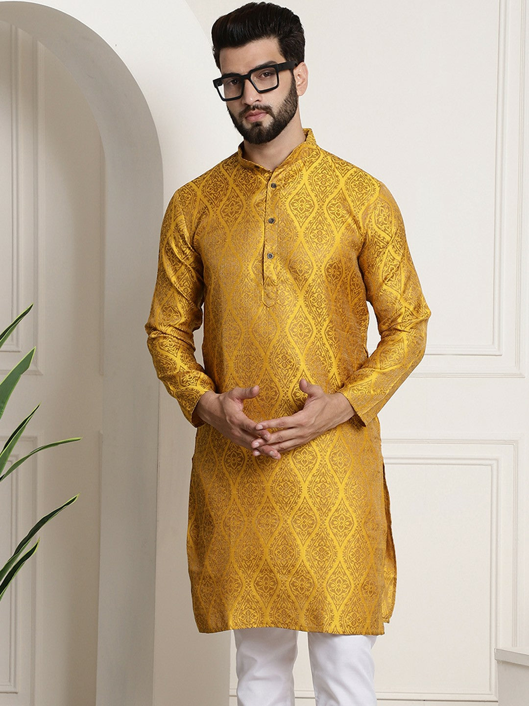 Men's Mustard Yellow & Golden Jacquard Silk Kurta with Ethnic Motifs – Mandarin Collar, Knee-Length | Indiaista