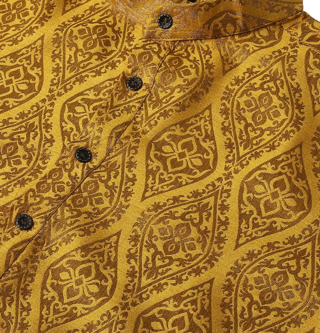 Men's Mustard Yellow & Golden Jacquard Silk Kurta with Ethnic Motifs – Mandarin Collar, Knee-Length | Indiaista