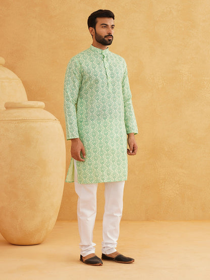 Men's Green & White Ethnic Motifs Printed Cotton Kurta – Mandarin Collar, Knee Length | Indiaista