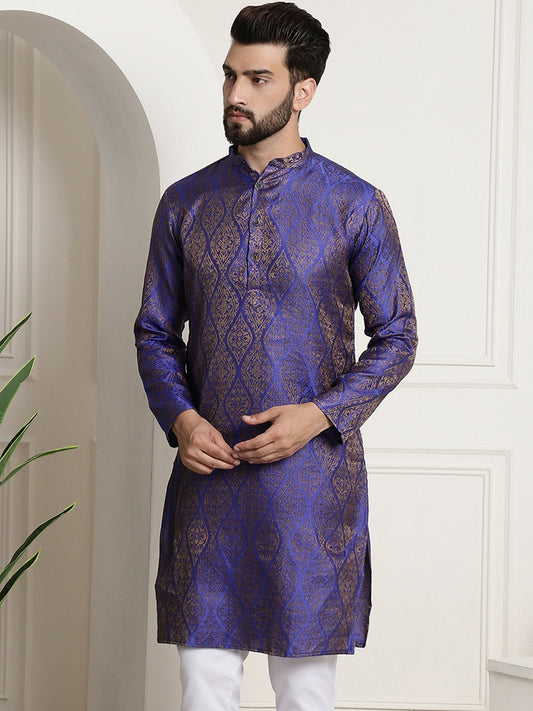 Men's Blue & Golden Jacquard Kurta with Ethnic Motifs – Mandarin Collar, Knee-Length, Cotton Silk | Indiaista