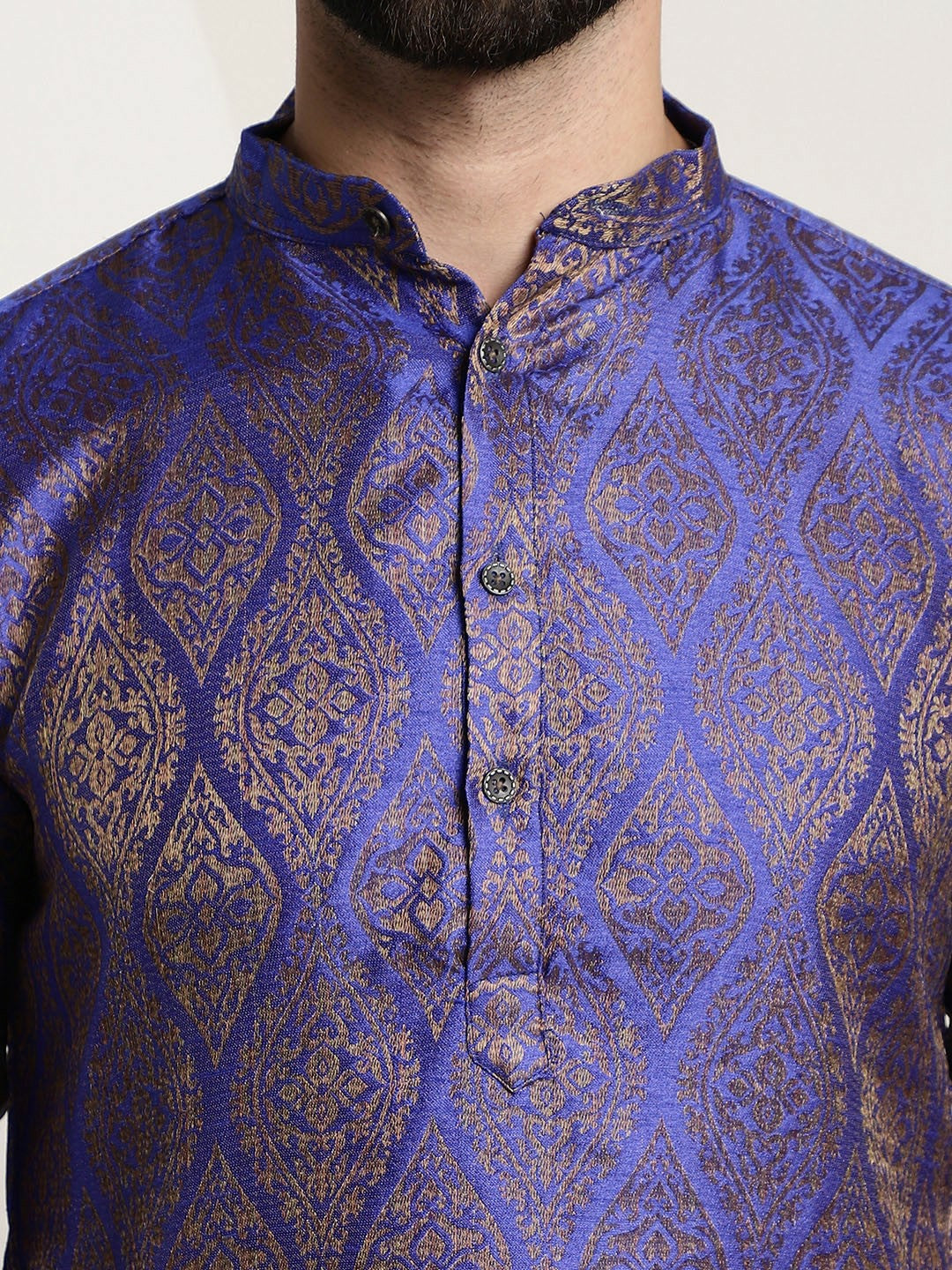 Men's Blue & Golden Jacquard Kurta with Ethnic Motifs – Mandarin Collar, Knee-Length, Cotton Silk | Indiaista