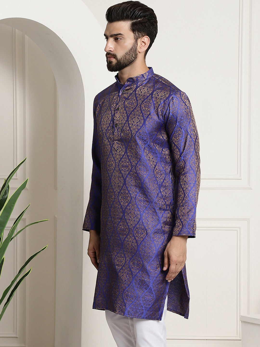 Men's Blue & Golden Jacquard Kurta with Ethnic Motifs – Mandarin Collar, Knee-Length, Cotton Silk | Indiaista