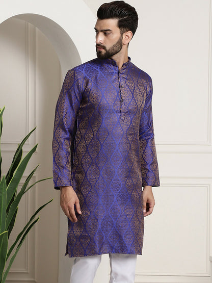 Men's Blue & Golden Jacquard Kurta with Ethnic Motifs – Mandarin Collar, Knee-Length, Cotton Silk | Indiaista