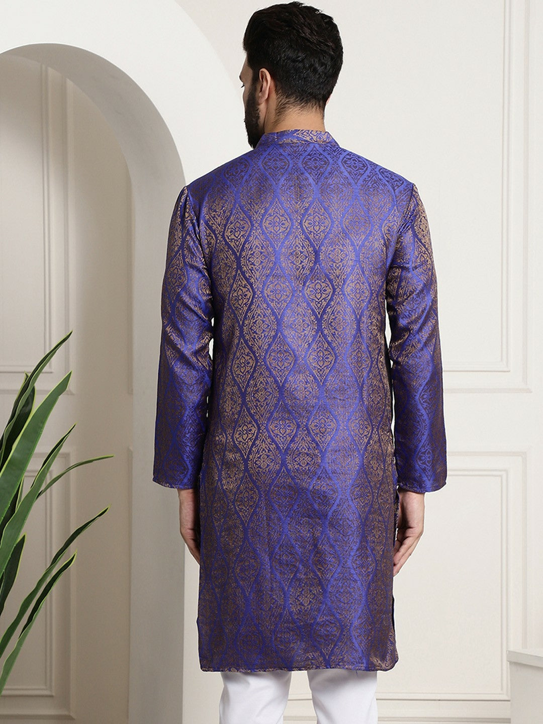 Men's Blue & Golden Jacquard Kurta with Ethnic Motifs – Mandarin Collar, Knee-Length, Cotton Silk | Indiaista