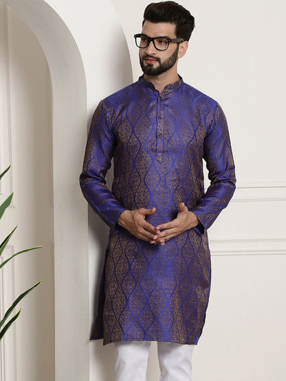 Men's Blue & Golden Jacquard Kurta with Ethnic Motifs – Mandarin Collar, Knee-Length, Cotton Silk | Indiaista