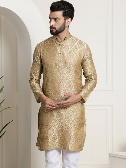 Men’s Beige & Golden Ethnic Motifs Jacquard Silk Kurta – Mandarin Collar, Knee Length, Regular Fit | Indiaista