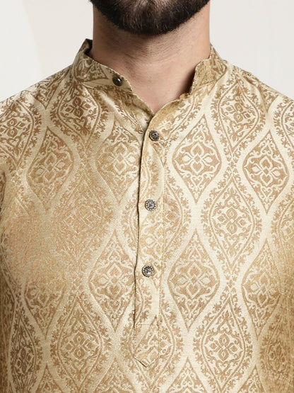 Men’s Beige & Golden Ethnic Motifs Jacquard Silk Kurta – Mandarin Collar, Knee Length, Regular Fit | Indiaista