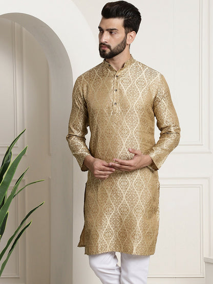 Men’s Beige & Golden Ethnic Motifs Jacquard Silk Kurta – Mandarin Collar, Knee Length, Regular Fit | Indiaista