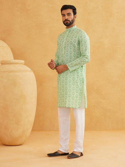 Men's Green & White Ethnic Motifs Printed Cotton Kurta – Mandarin Collar, Knee Length | Indiaista