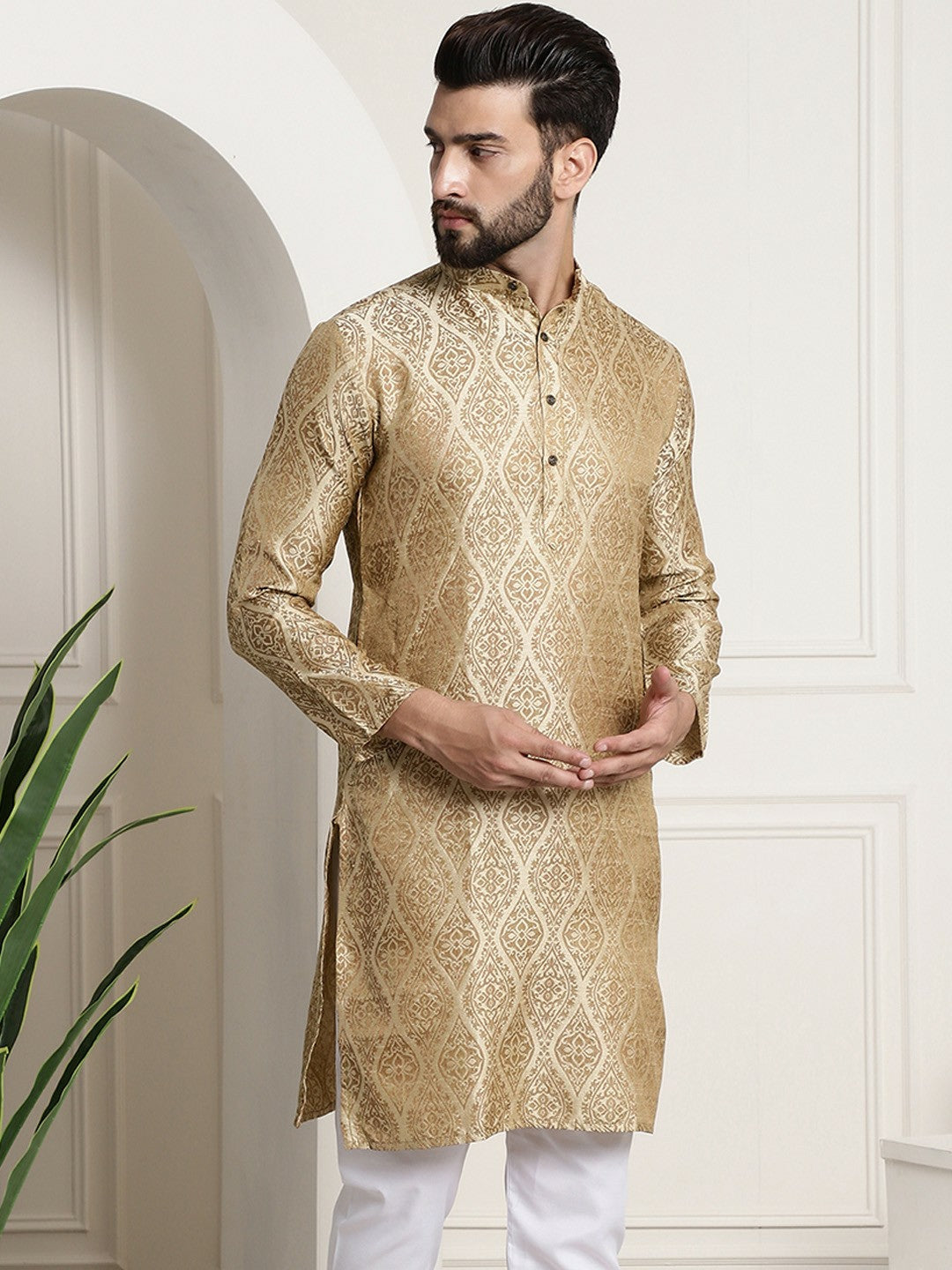 Men’s Beige & Golden Ethnic Motifs Jacquard Silk Kurta – Mandarin Collar, Knee Length, Regular Fit | Indiaista