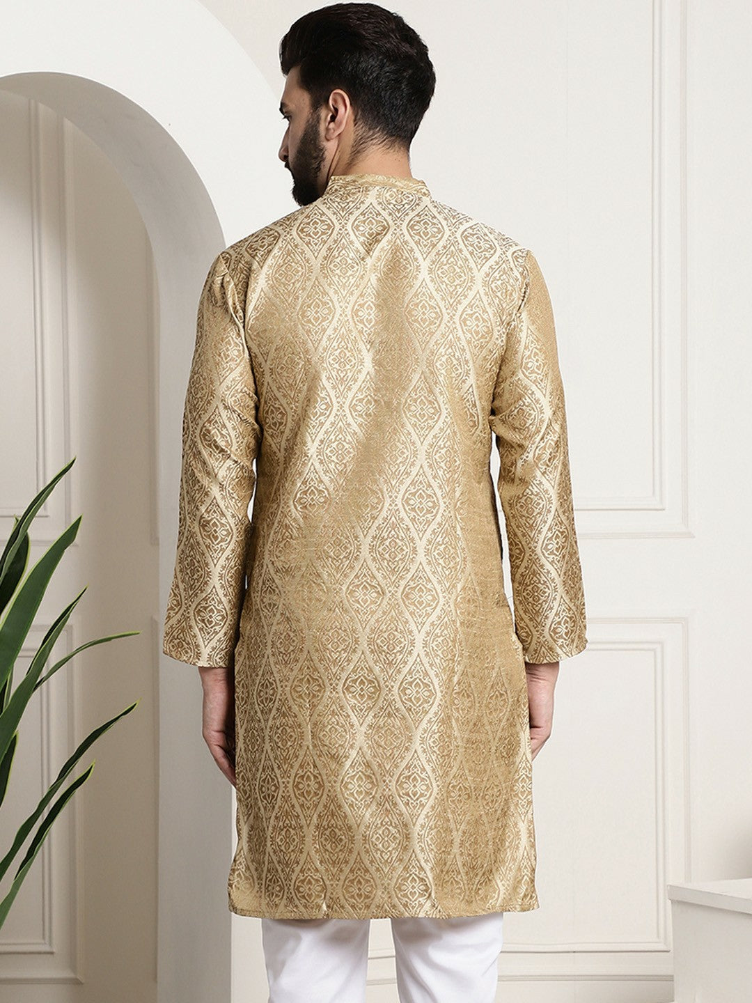 Men’s Beige & Golden Ethnic Motifs Jacquard Silk Kurta – Mandarin Collar, Knee Length, Regular Fit | Indiaista