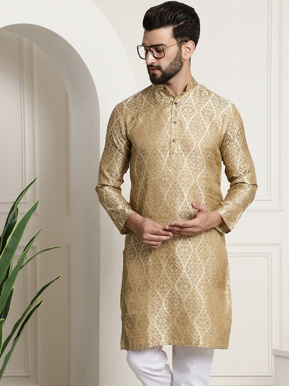 Men’s Beige & Golden Ethnic Motifs Jacquard Silk Kurta – Mandarin Collar, Knee Length, Regular Fit | Indiaista