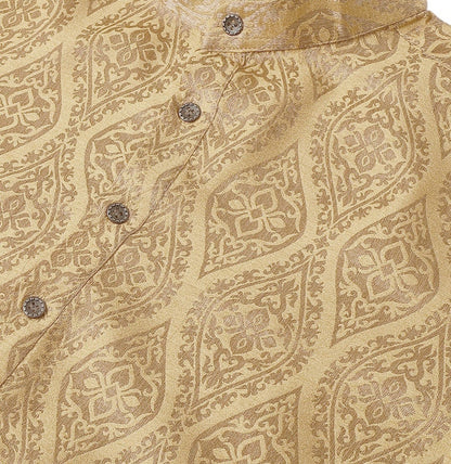 Men’s Beige & Golden Ethnic Motifs Jacquard Silk Kurta – Mandarin Collar, Knee Length, Regular Fit | Indiaista