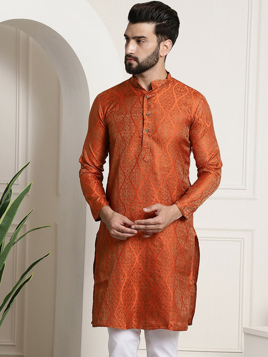 Men's Orange & Golden Jacquard Silk Kurta with Ethnic Motifs – Mandarin Collar, Side Slits & Pockets | Indiaista