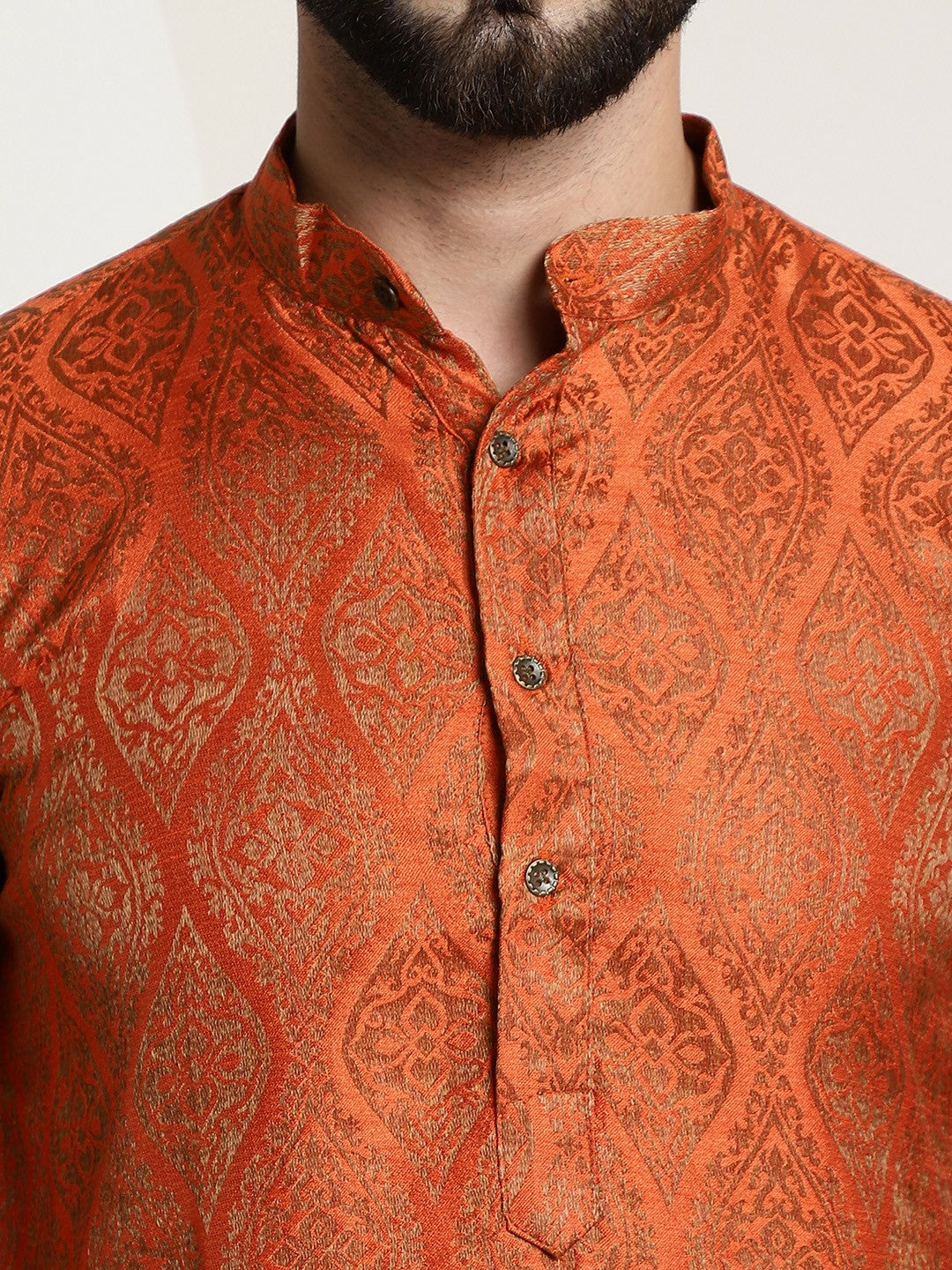 Men's Orange & Golden Jacquard Silk Kurta with Ethnic Motifs – Mandarin Collar, Side Slits & Pockets | Indiaista