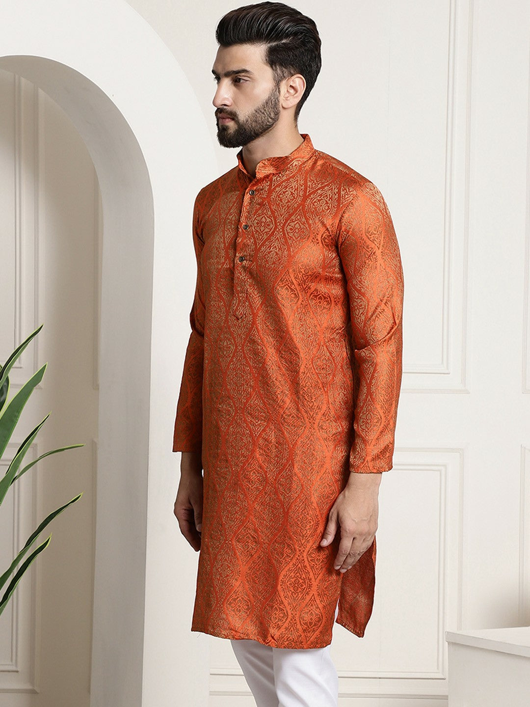 Men's Orange & Golden Jacquard Silk Kurta with Ethnic Motifs – Mandarin Collar, Side Slits & Pockets | Indiaista