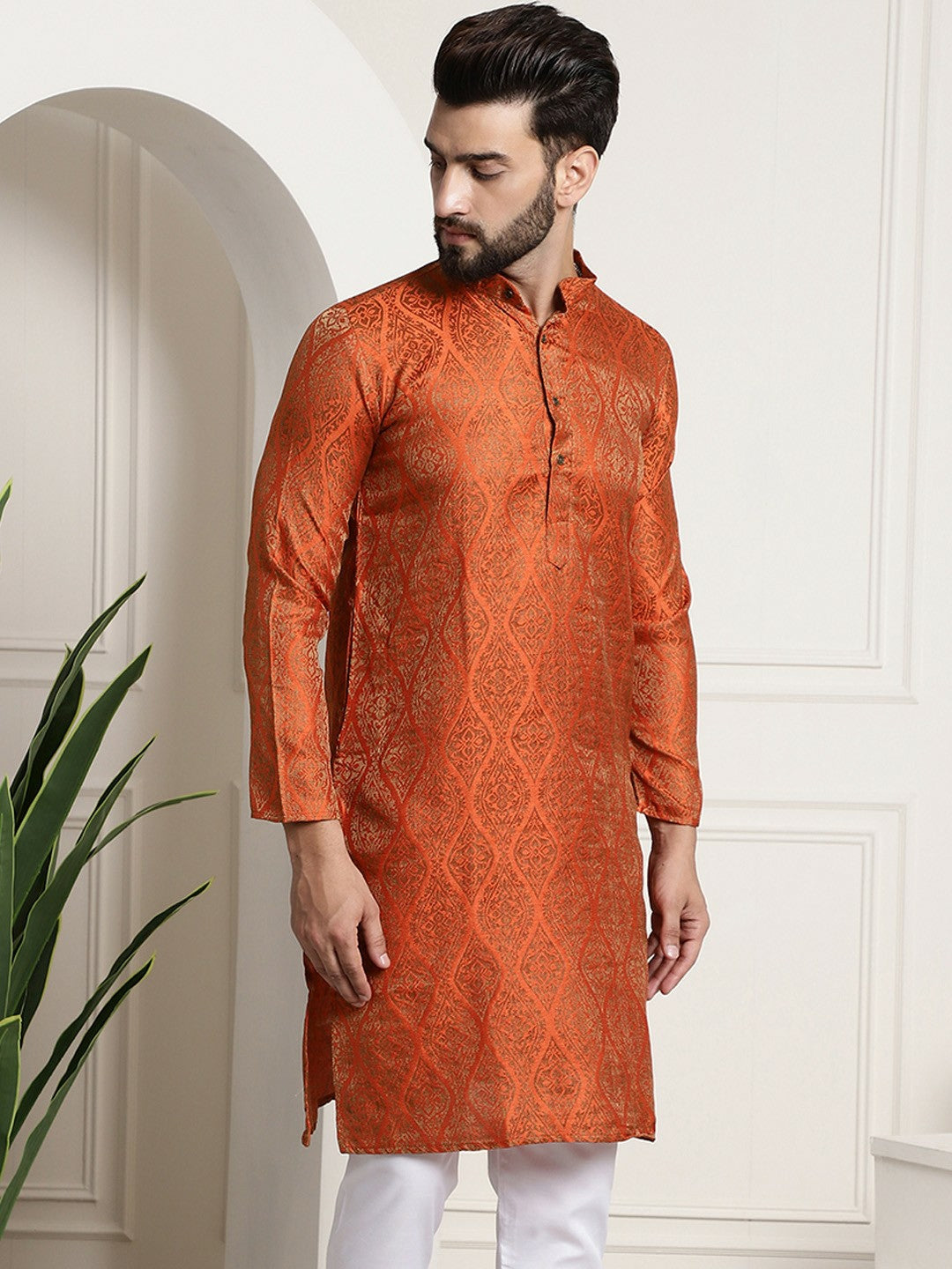 Men's Orange & Golden Jacquard Silk Kurta with Ethnic Motifs – Mandarin Collar, Side Slits & Pockets | Indiaista