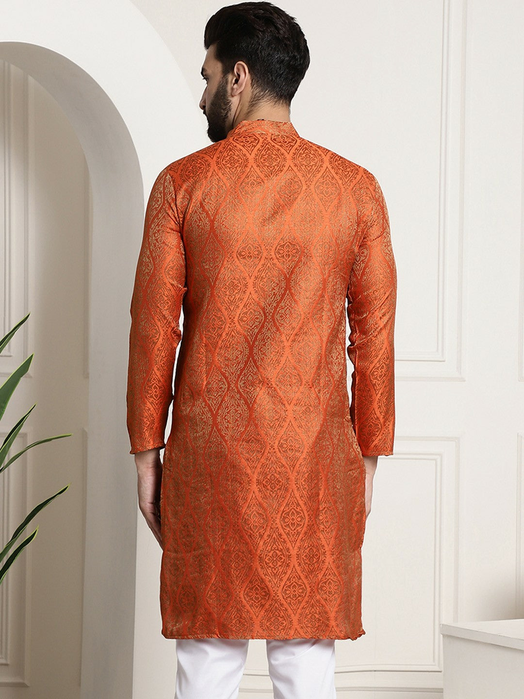 Men's Orange & Golden Jacquard Silk Kurta with Ethnic Motifs – Mandarin Collar, Side Slits & Pockets | Indiaista