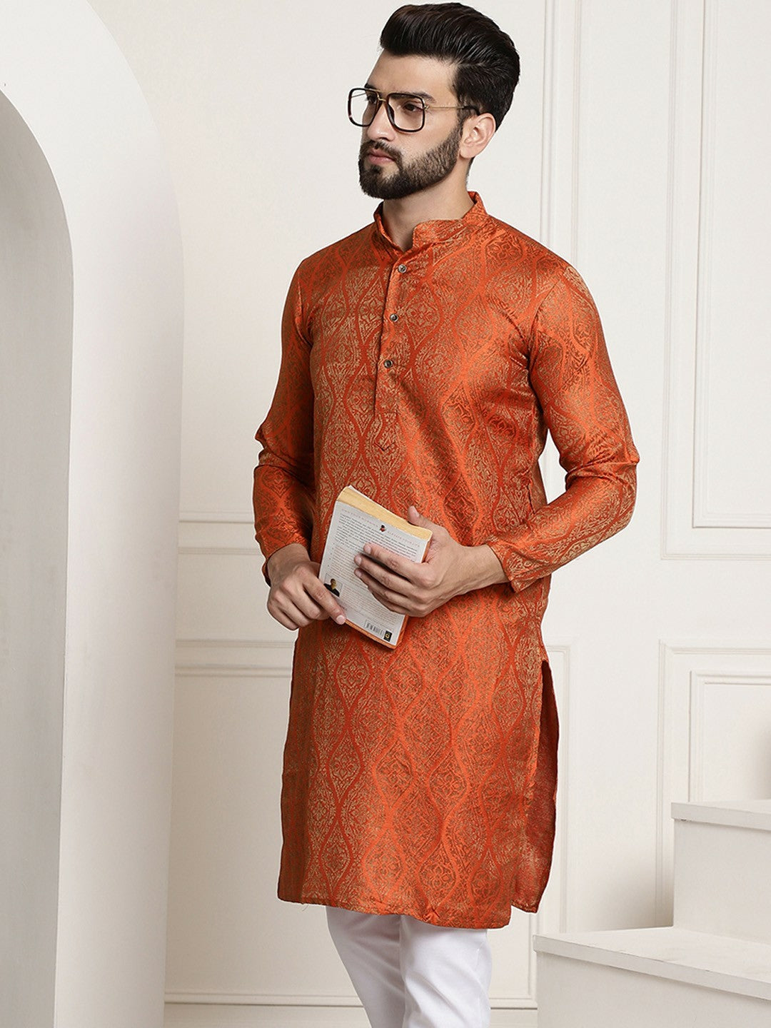 Men's Orange & Golden Jacquard Silk Kurta with Ethnic Motifs – Mandarin Collar, Side Slits & Pockets | Indiaista