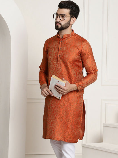 Men's Orange & Golden Jacquard Silk Kurta with Ethnic Motifs – Mandarin Collar, Side Slits & Pockets | Indiaista