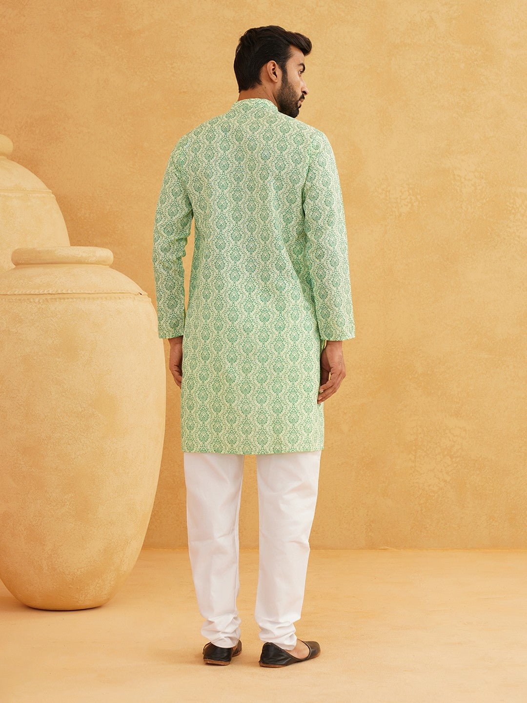 Men's Green & White Ethnic Motifs Printed Cotton Kurta – Mandarin Collar, Knee Length | Indiaista