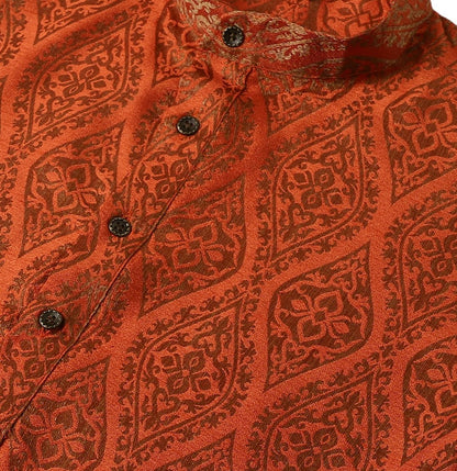 Men's Orange & Golden Jacquard Silk Kurta with Ethnic Motifs – Mandarin Collar, Side Slits & Pockets | Indiaista